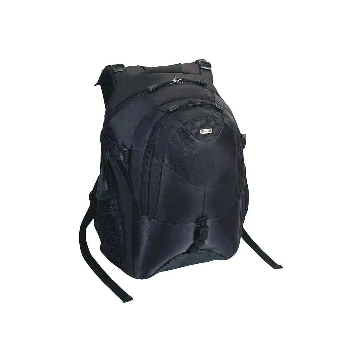 Schwarzer Rucksack mit mehreren Fächern. Sichtbar sind Tragegurte und ein Logo.