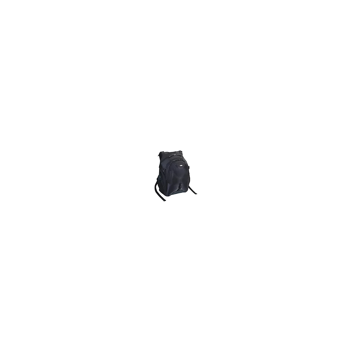 Schwarzer Laptop-Rucksack, rechteckig, gepolstert, mit Trägern und diversen Fächern.