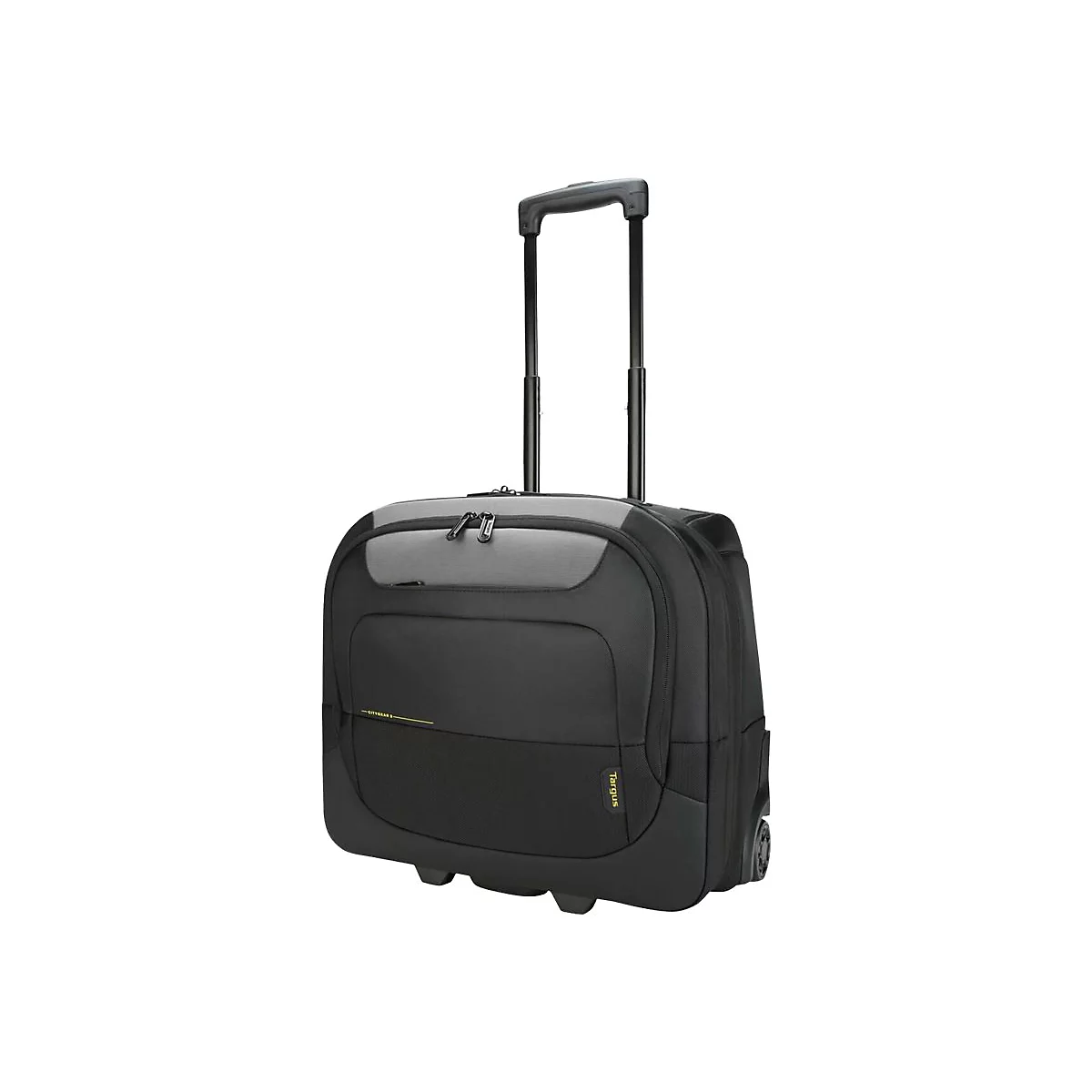 Schwarzer Trolley-Rucksack mit ausziehbarem Griff und Rädern. Grau abgesetzte obere Frontpartie, Markenschriftzug Targus.