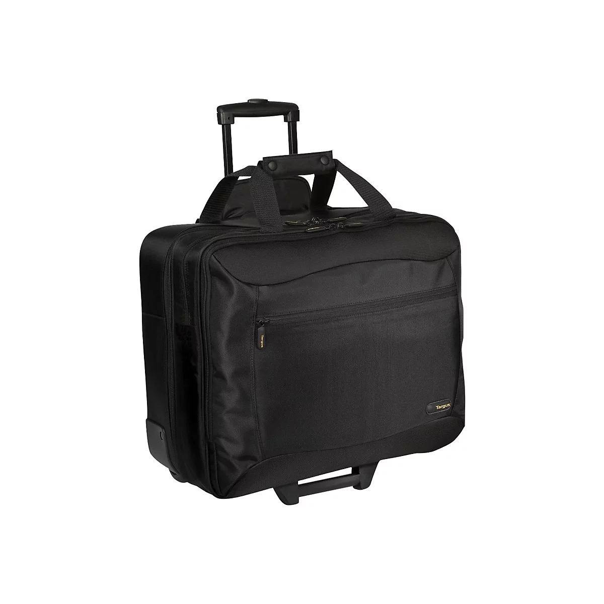 Schwarzer Trolley-Koffer mit ausziehbarem Griff und Rädern, vor weißem Hintergrund.