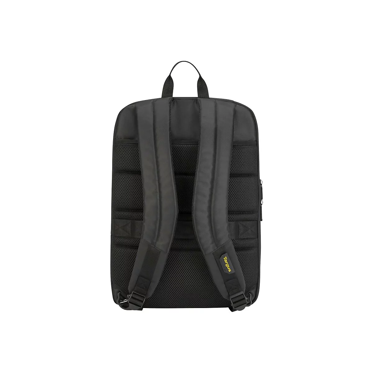 Schwarzer Rucksack von hinten, mit gepolsterten Trägern und Netzrücken, mit dem Logo "Targus".