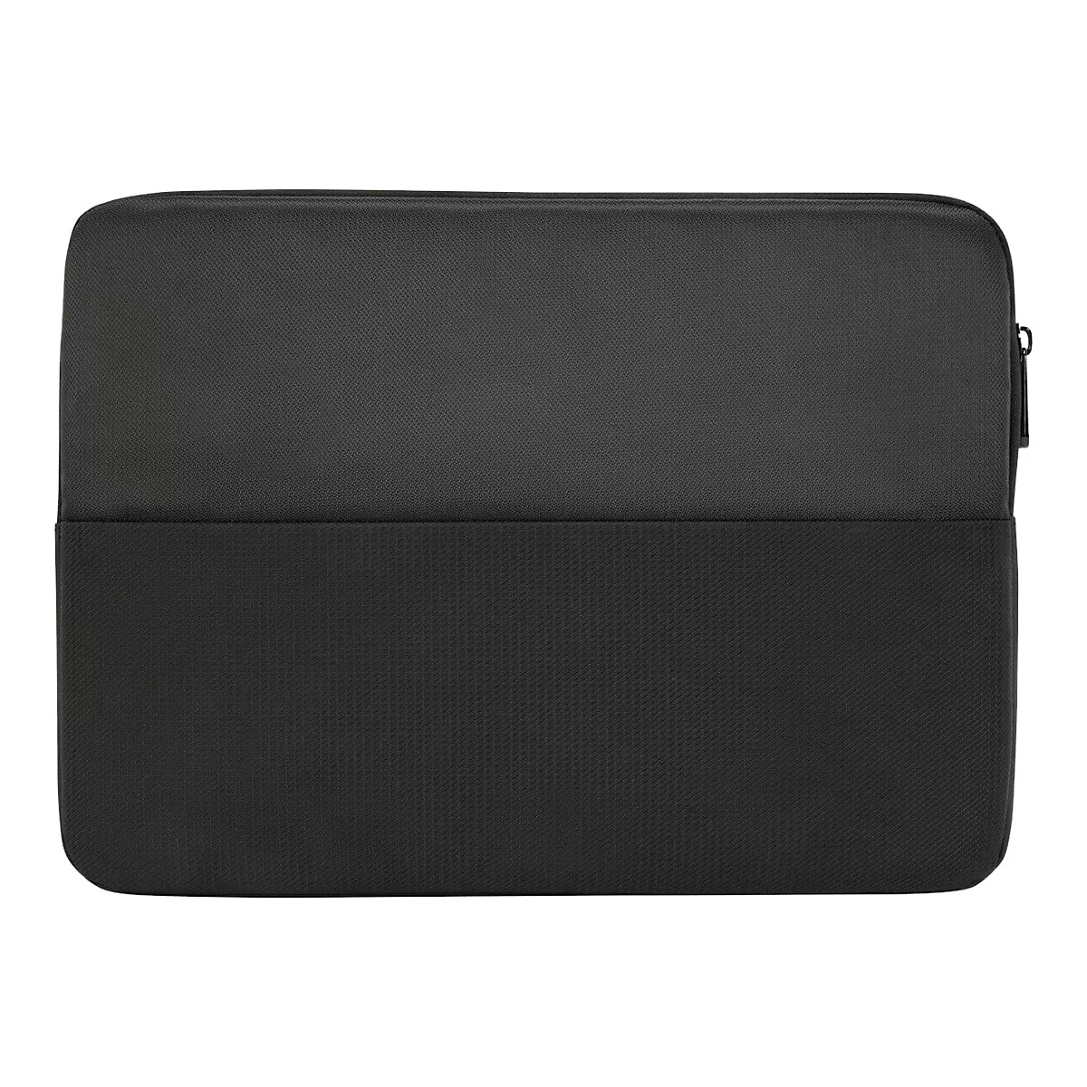 Schwarze Laptoptasche mit Reißverschluss, rechteckig, zweigeteilte Oberfläche. Oben glatt, unten texturiert.