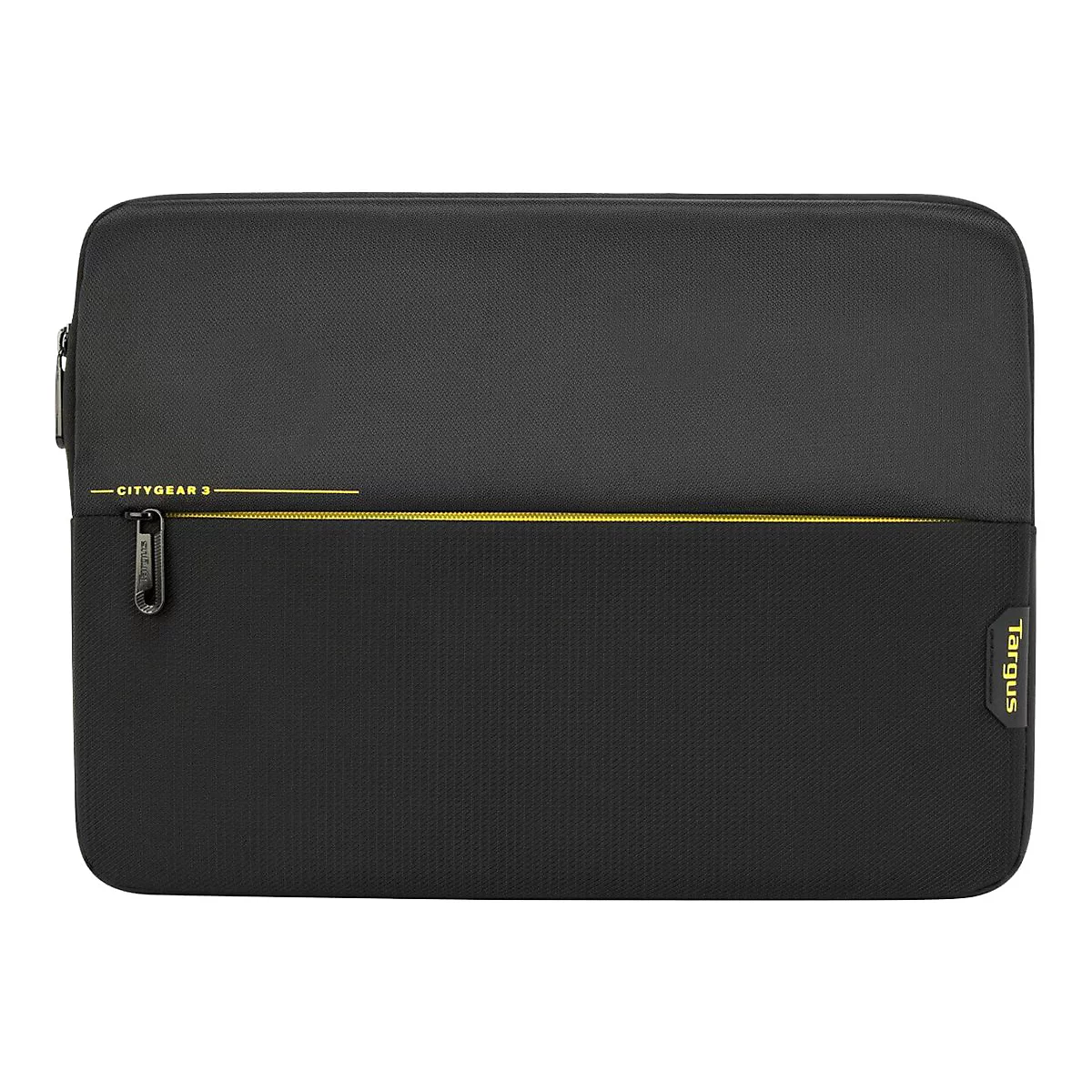 Schwarze Laptoptasche mit gelbem Reißverschluss und dem Logo 'Targus'.