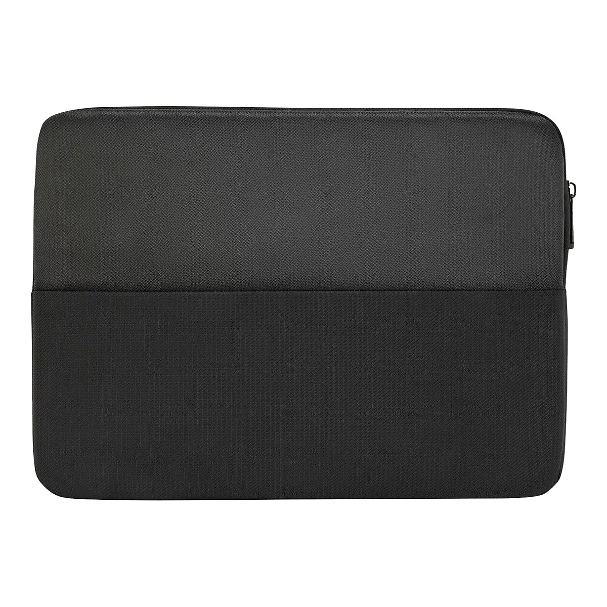Schwarze Laptoptasche mit Reißverschluss, Oberteil glatt, Unterteil strukturiert.