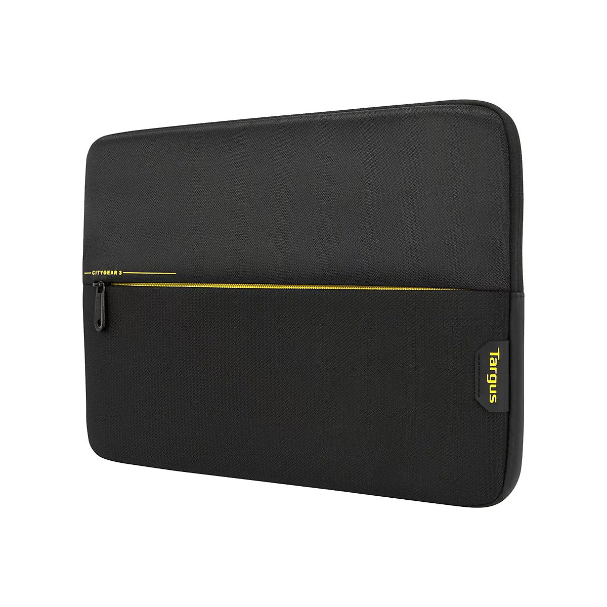Schwarze Laptoptasche mit gelben Akzenten und Reißverschluss. Auf der Tasche steht "Targus".