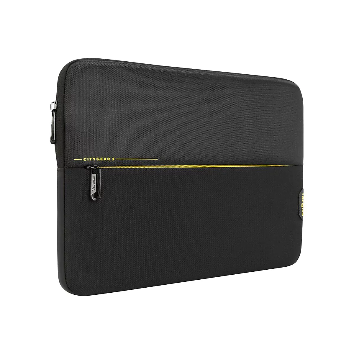 Schwarze Laptoptasche mit gelben Akzenten und Reißverschluss. Aufschrift: Citygear 3.