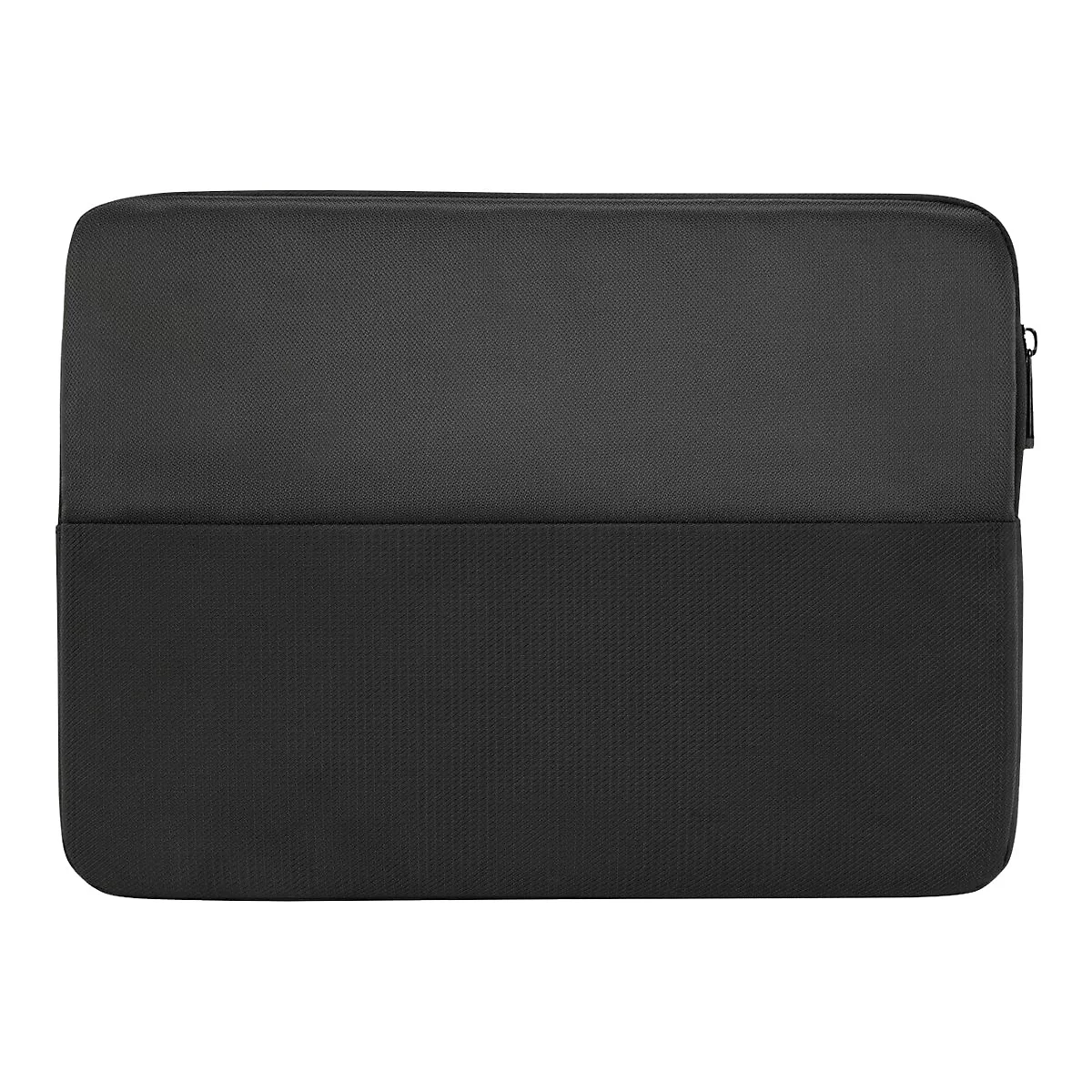 Schwarze Laptoptasche mit Reißverschluss, zweigeteilt, glatt und strukturiert.