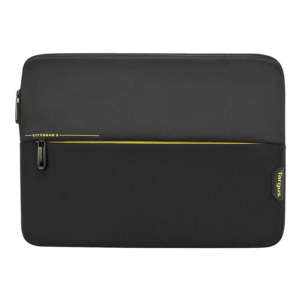 Schwarze Laptoptasche mit gelben Reißverschluss. Aufschrift: Citygear 3 und Targus.