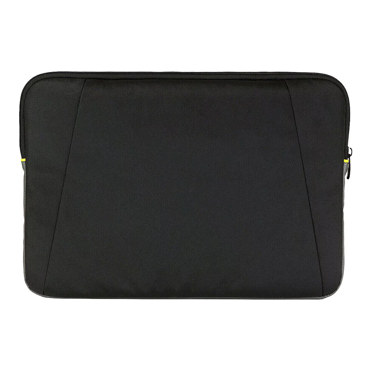Schwarze Laptoptasche, rechteckig, Reißverschluss, gelbe Akzente. Auf hellem Grund.