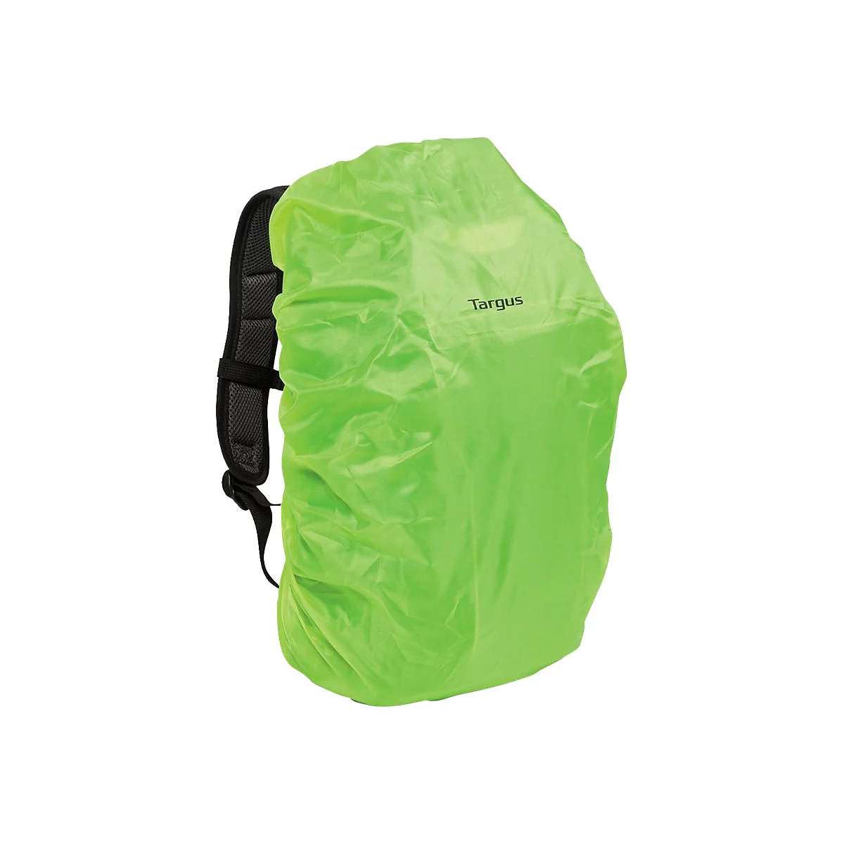 Ein neongrüner Rucksack mit Regenschutz. Auf dem Schutz ist der Schriftzug „Targus“ zu sehen.