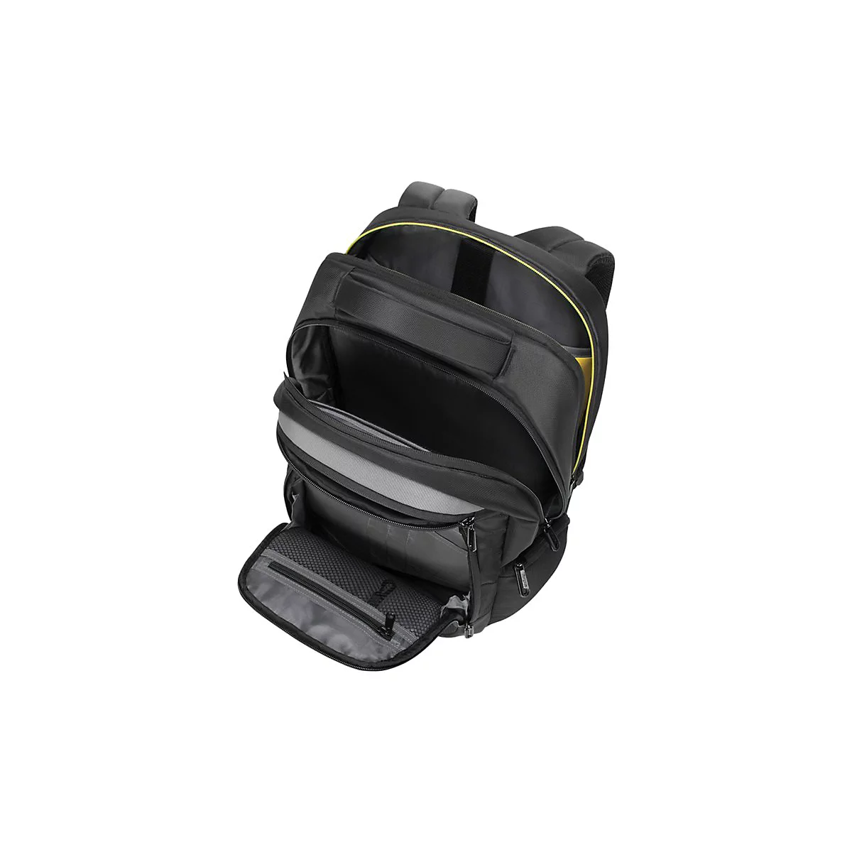 Schwarzer Rucksack, geÃ¶ffnet mit FÃ¤chern. Gelbe Akzente an den NÃ¤hten.