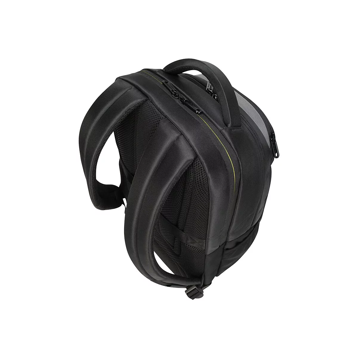 Schwarzer Rucksack in Schrägansicht, Schultergurte, Tragegriff, Reißverschlüsse.