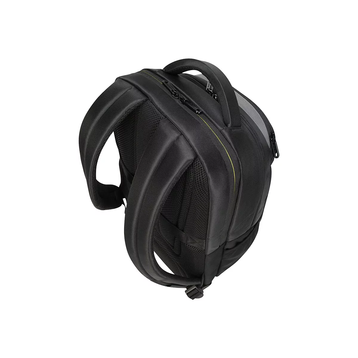 Schwarzer Rucksack, diagonale Ansicht. Gepolsterte Träger, Reißverschlüsse und Tragegriff.