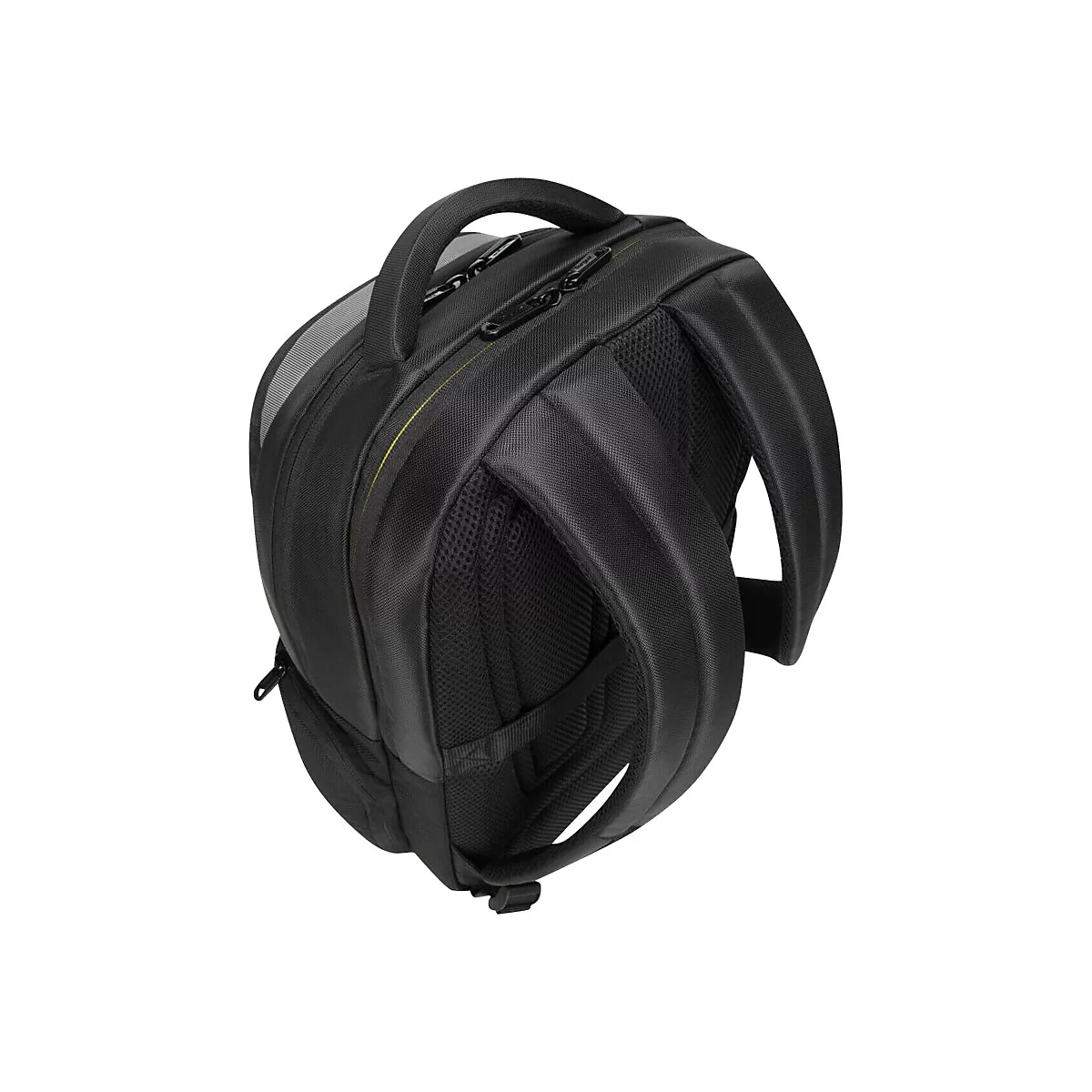 Schwarzer Rucksack mit Tragegriff und gepolsterten Schultergurten. Gelbe Naht entlang der Oberseite.