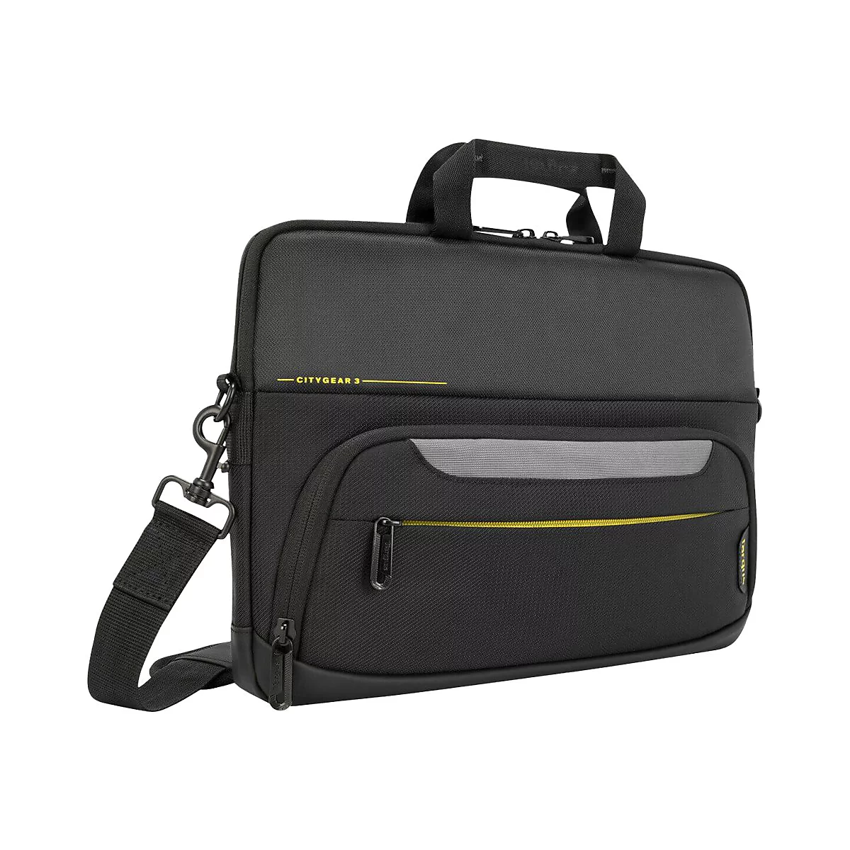 Schwarze Laptoptasche mit gelben Akzenten und Schultergurt. Auf der Tasche steht "CITYGEAR 3".