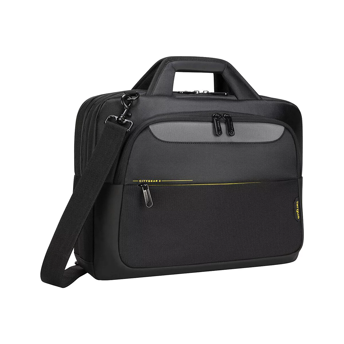 Schwarze Laptoptasche mit Tragegriff und Schultergurt. Graue Akzente und gelbe Linien zieren die Tasche, die von Targus hergestellt wurde.