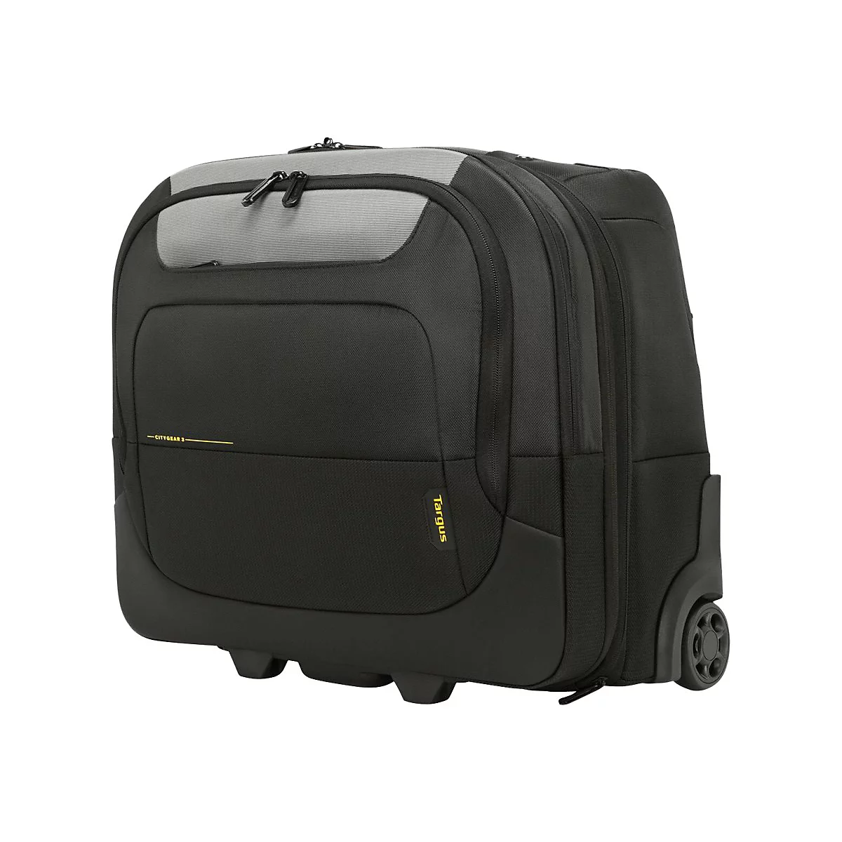 Schwarzer Trolley-Rucksack mit grauem Akzent, gelbem Schriftzug und Rollen. Marke: Targus.