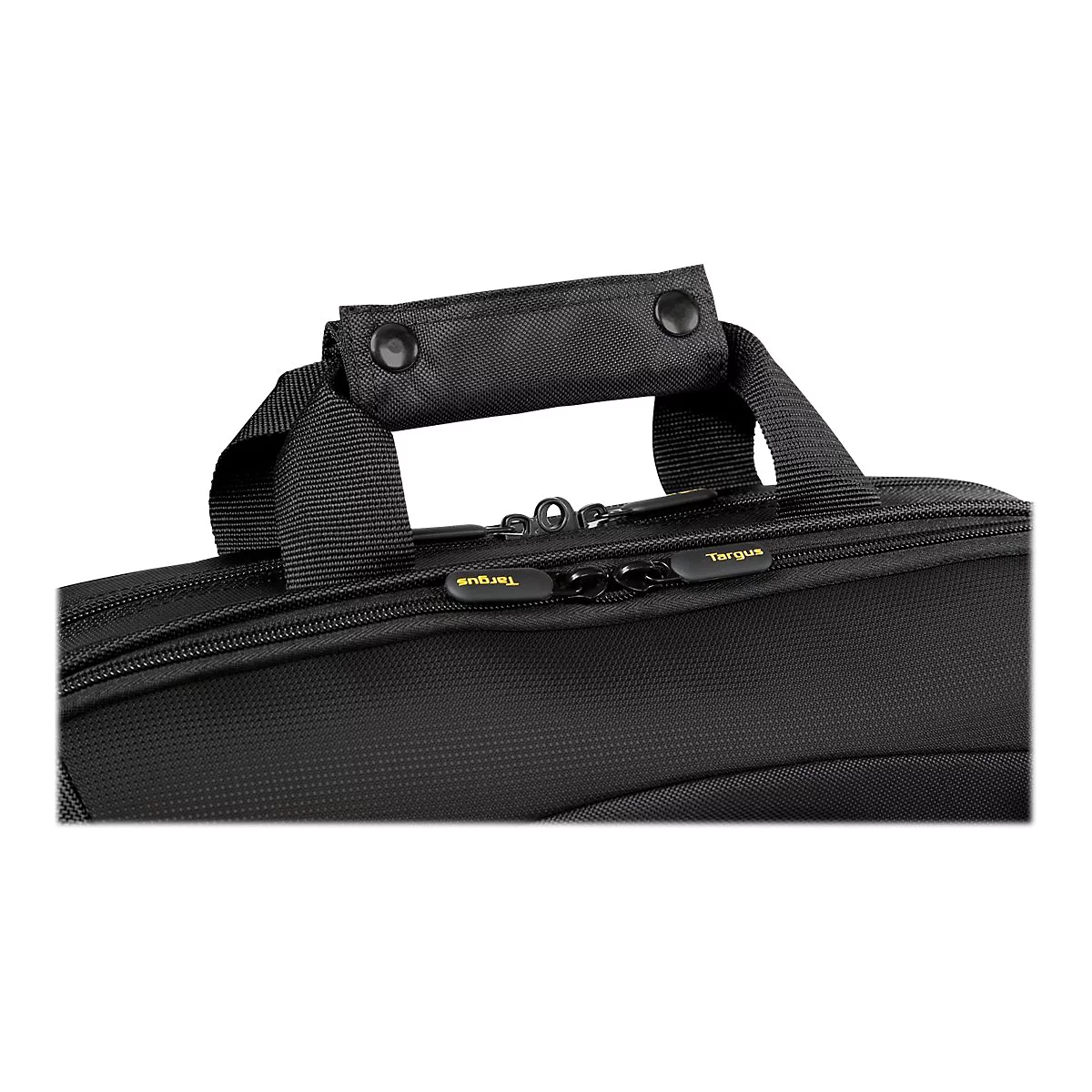 Nahaufnahme einer schwarzen Targus-Laptoptasche, mit Tragegriffen und Reißverschluss.