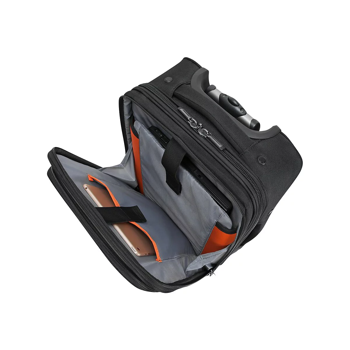 Schwarzer Koffer mit orangefarbenen Akzenten, geÃ¶ffnet. Innen FÃ¤cher fÃ¼r Tablet, Handy und Laptop.