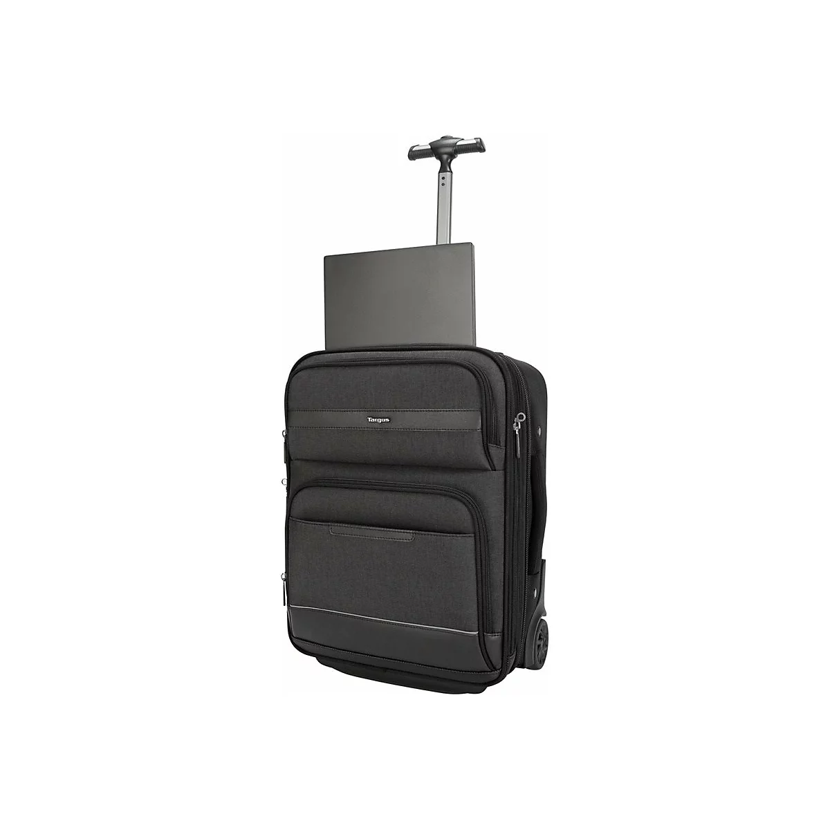 Schwarzer Trolley mit Laptop. Ausgezogener Griff, zwei Rollen. Darauf ein grauer Laptop.