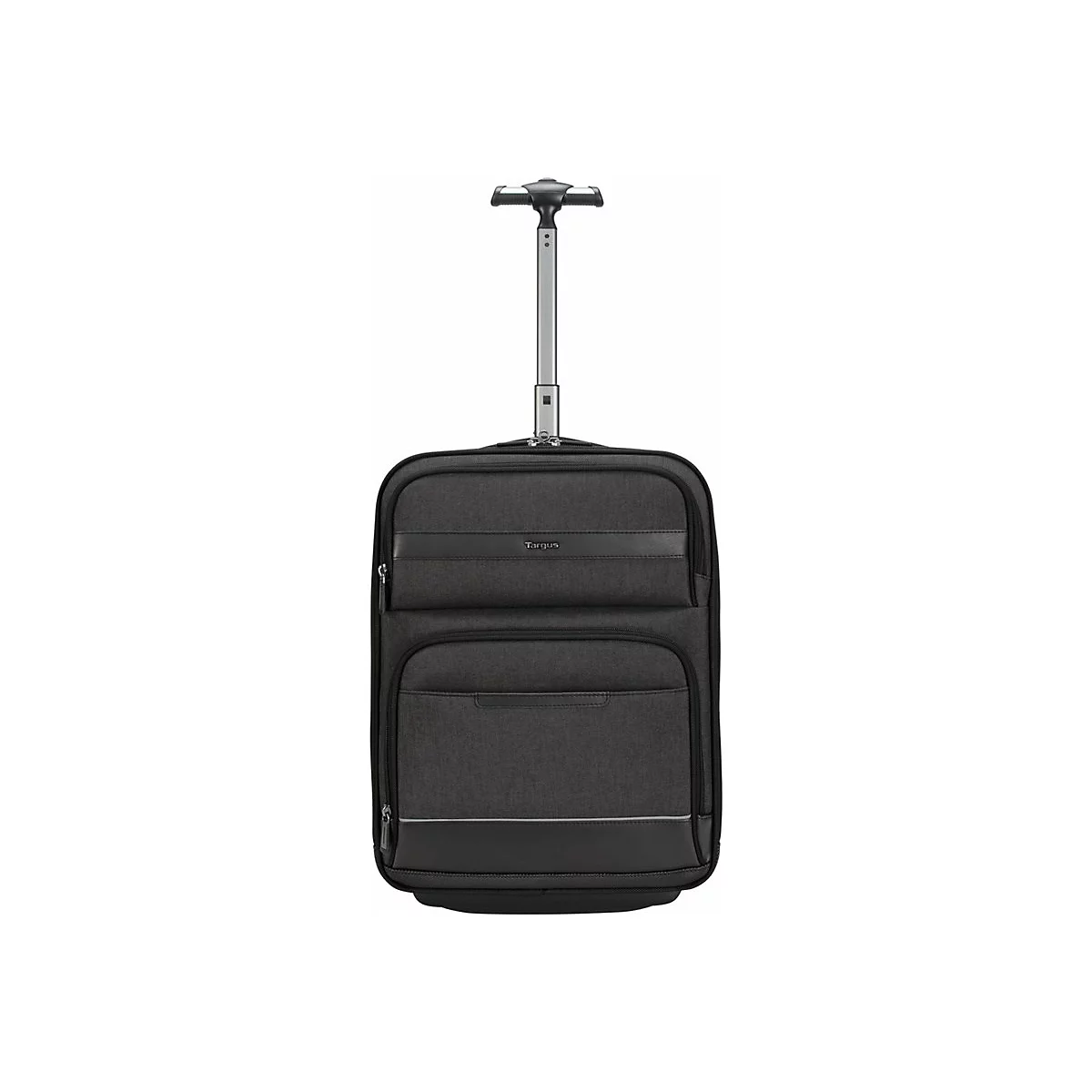 Schwarzer Trolley mit ausziehbarem Griff. Zwei Fronttaschen und ein silberner Akzentstreifen.