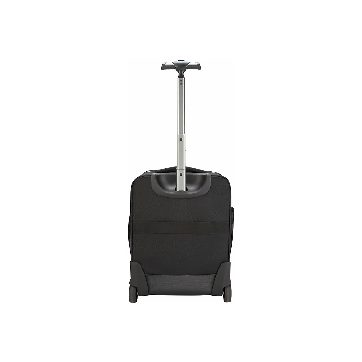 Schwarzer Trolley mit ausziehbarem Griff und Rollen auf weiÃŸem Hintergrund.