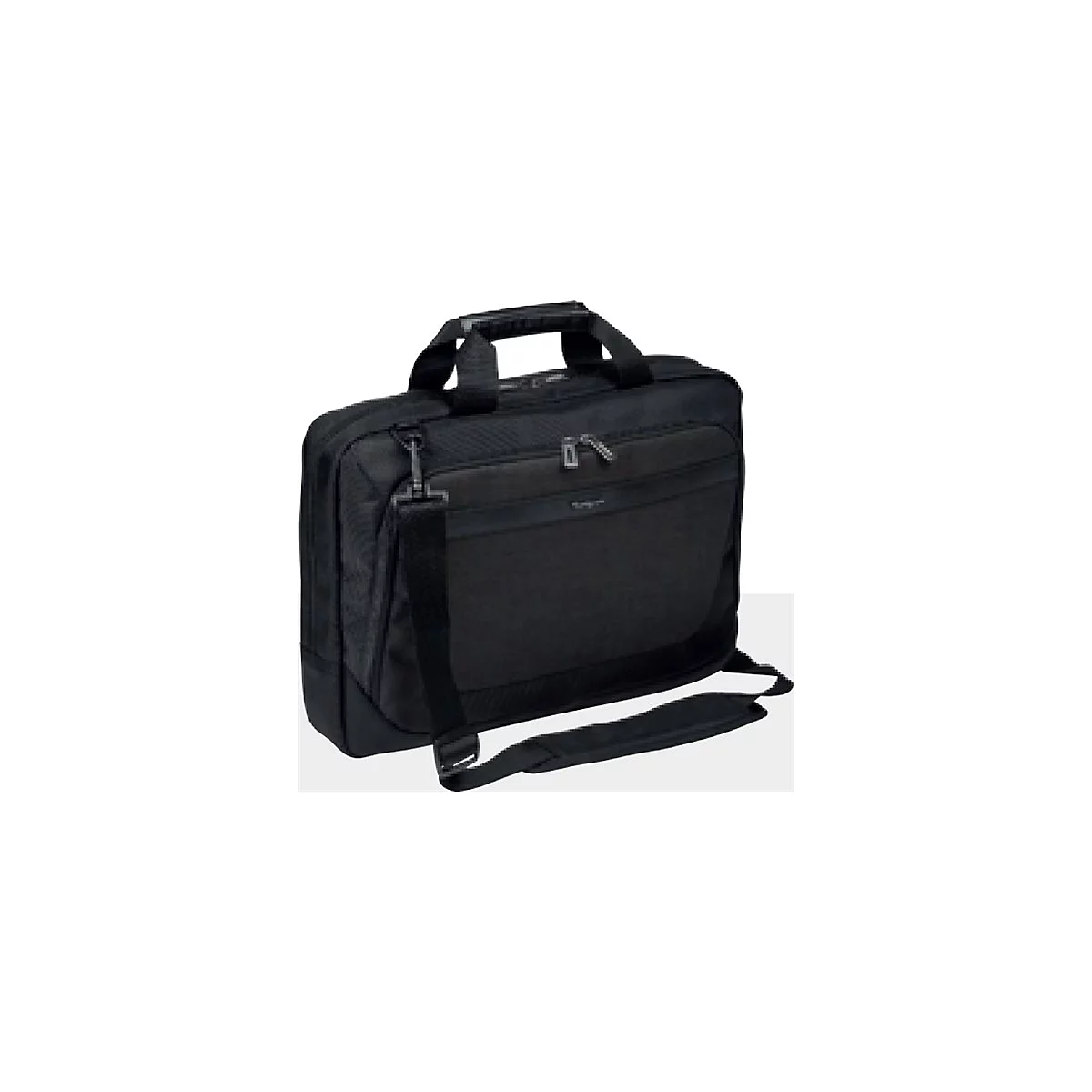 Schwarze Laptoptasche mit Tragegriff und Schulterriemen. Auf der Fronttasche befinden sich zwei Reißverschlüsse.