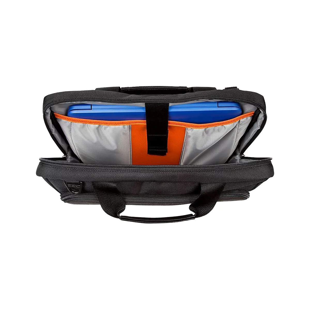 Schwarze Laptoptasche mit blauem Laptop darin. Innenfutter grau und orange.