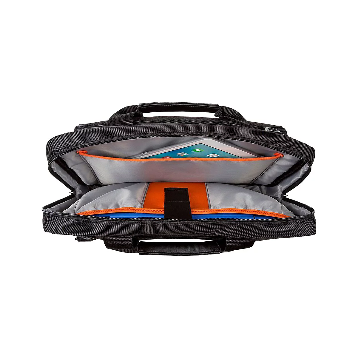 Schwarze Laptoptasche, geÃ¶ffnet, mit Tablet und orangefarbenen sowie blauen Details.
