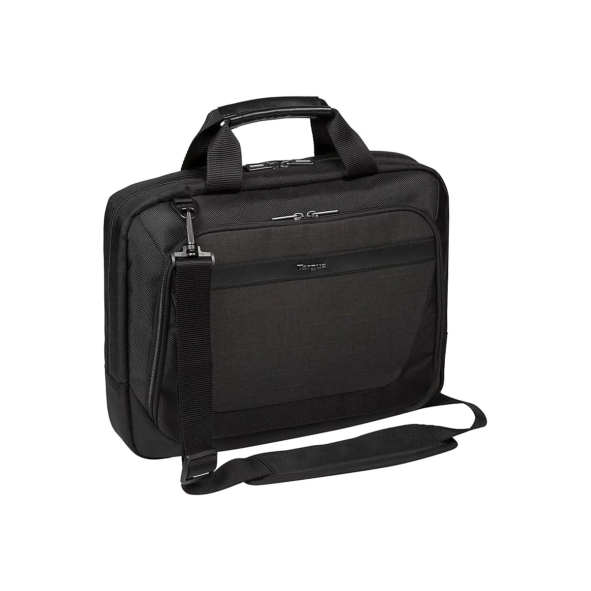 Schwarze Laptoptasche mit Schulterriemen und Tragegriff.