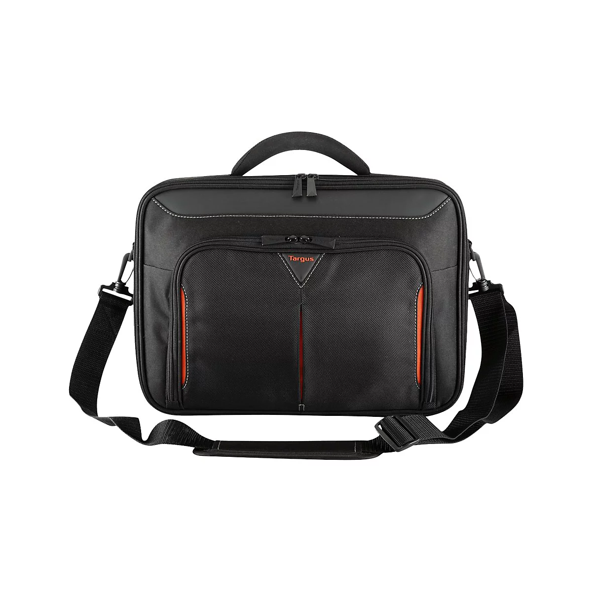 Schwarze Laptop-Tasche von Targus, mit orangefarbenen Akzenten. Oben ein Griff und ein Schultergurt.
