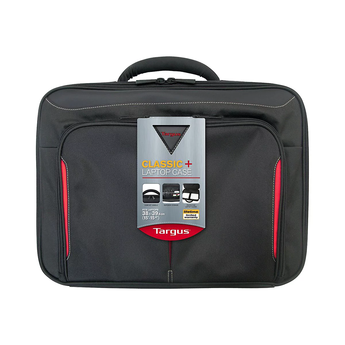 Schwarze Laptoptasche mit rotem Akzent. Auf der Tasche befindet sich ein Schild mit Produktinformationen.