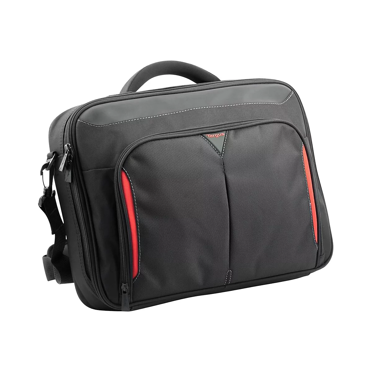 Schwarze Laptoptasche mit roter Ziernaht und Tragegriff. Auf der Tasche ist der Schriftzug "Targus" zu sehen.