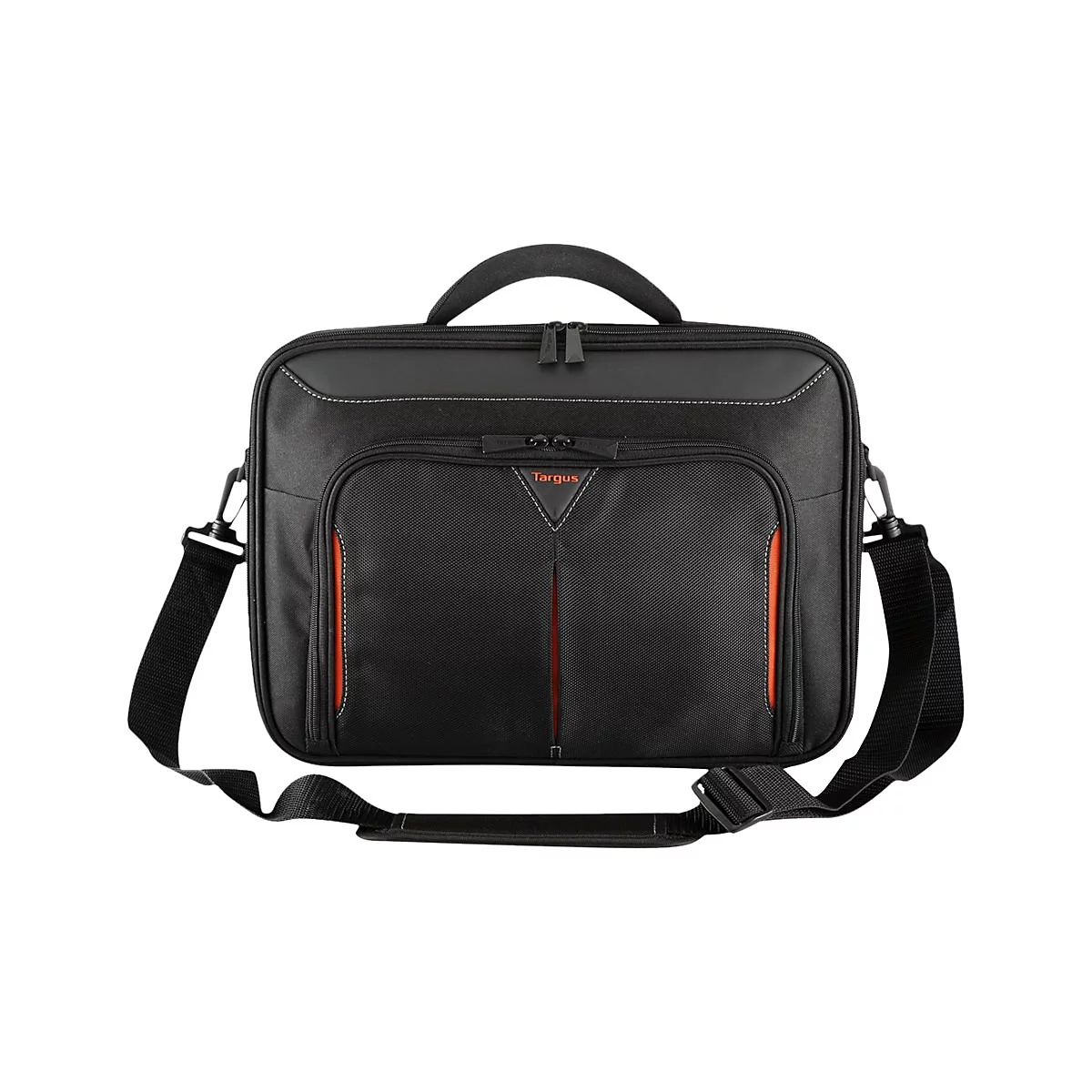 Schwarze Laptoptasche mit orangefarbenen Akzenten. Oben Griff und Schulterriemen. Auf der Front ist der Markenname Targus zu sehen.