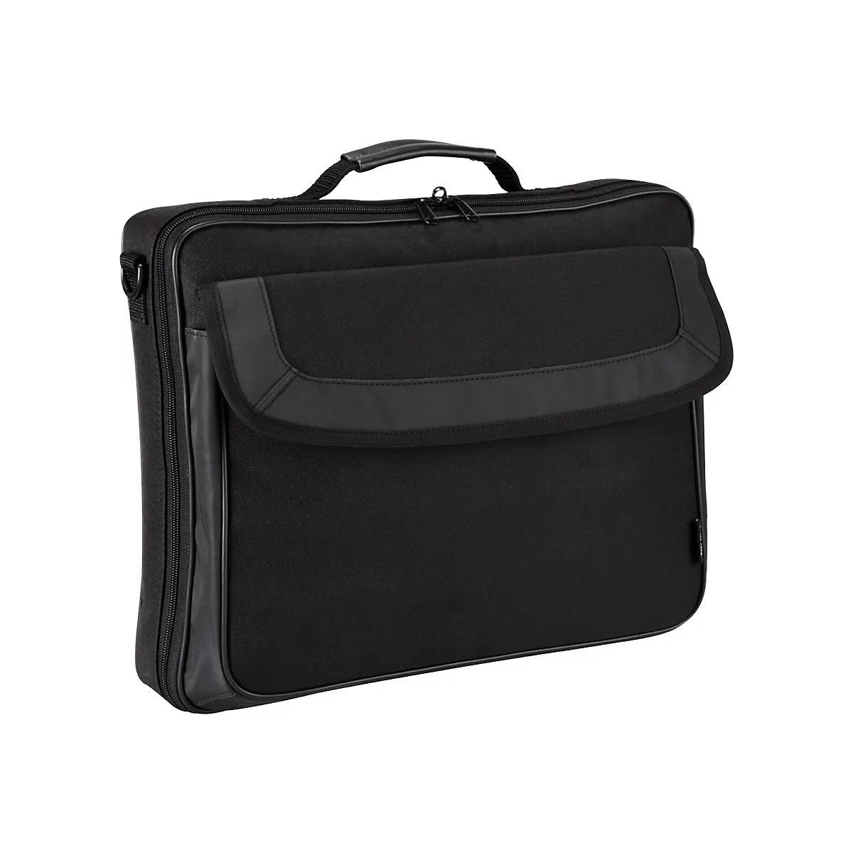 Schwarze Laptoptasche mit Tragegriff, Klappe und Reißverschluss.