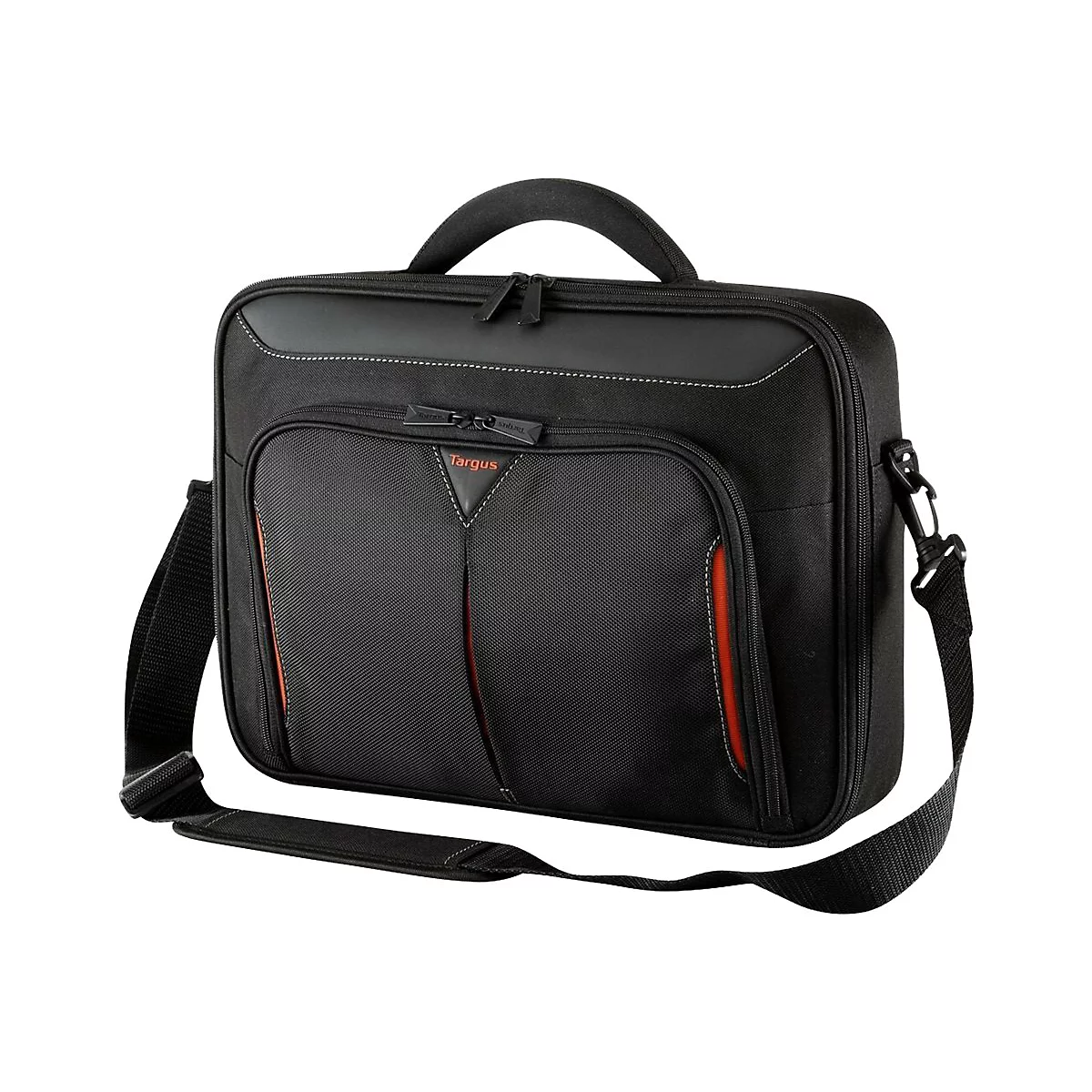 Schwarze Laptop-Tasche von Targus mit roter Naht und Schultergurt.