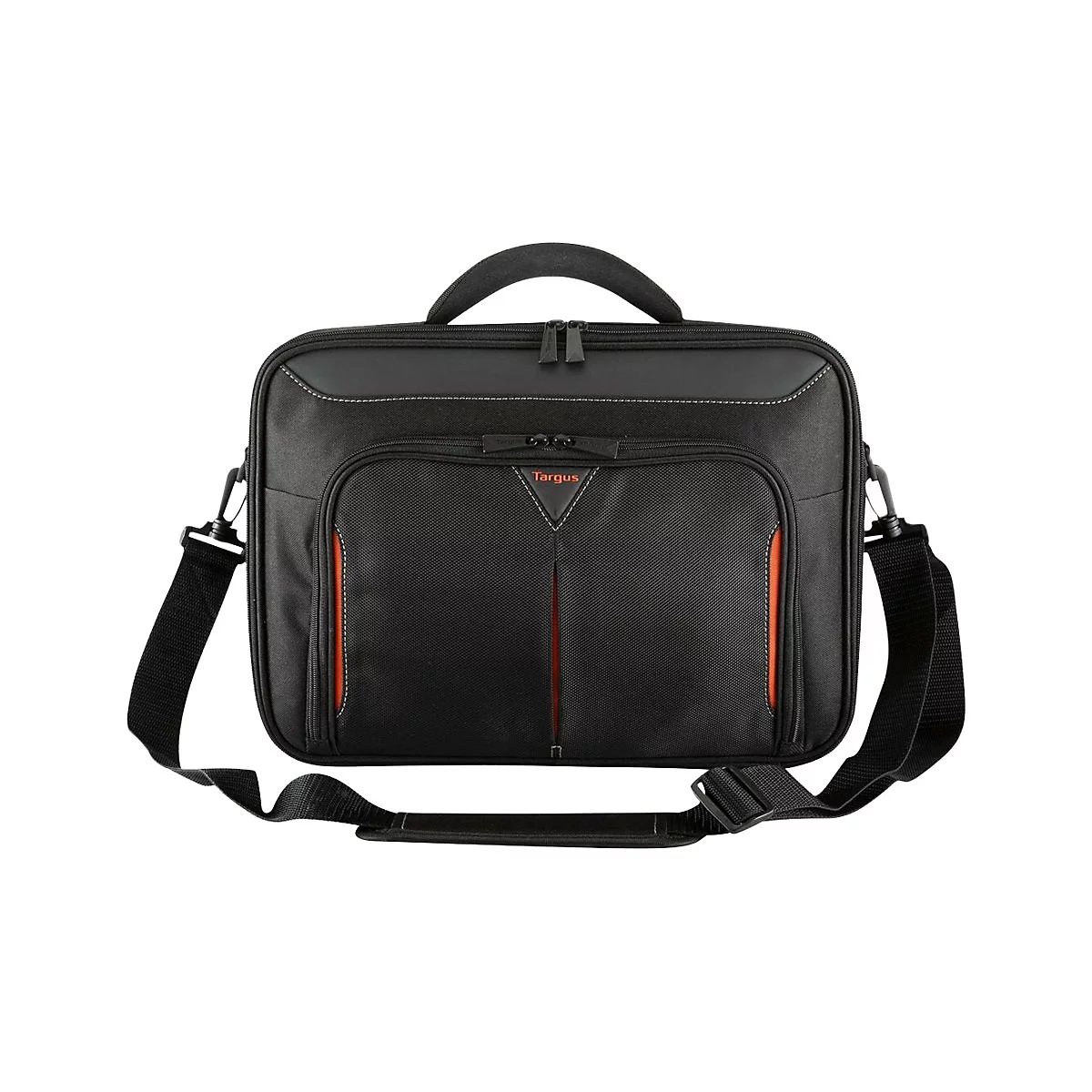 Schwarze Laptoptasche mit Tragegriff und Schultergurt. Auf der Fronttasche steht "Targus". Orangefarbene Akzente.