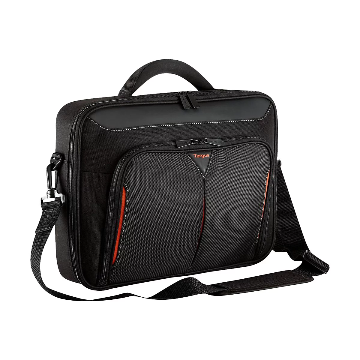 Schwarze Laptoptasche mit Tragegriff, Schultergurt und rotem Akzent. Auf der Tasche ist der Markenname Targus zu sehen.