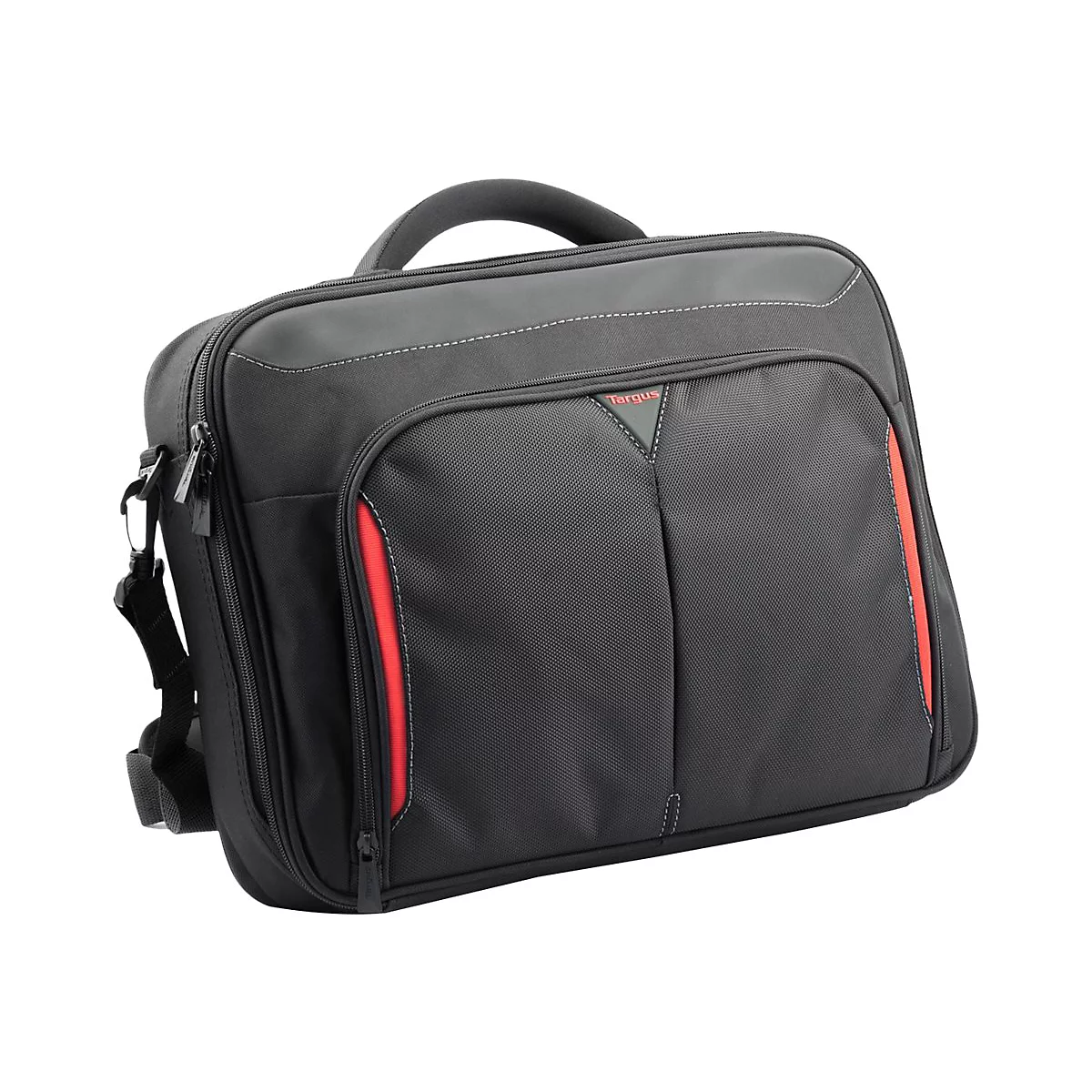 Schwarze Laptoptasche mit roter Zierleiste. Oben befindet sich ein Tragegriff, seitlich ein Schultergurt.