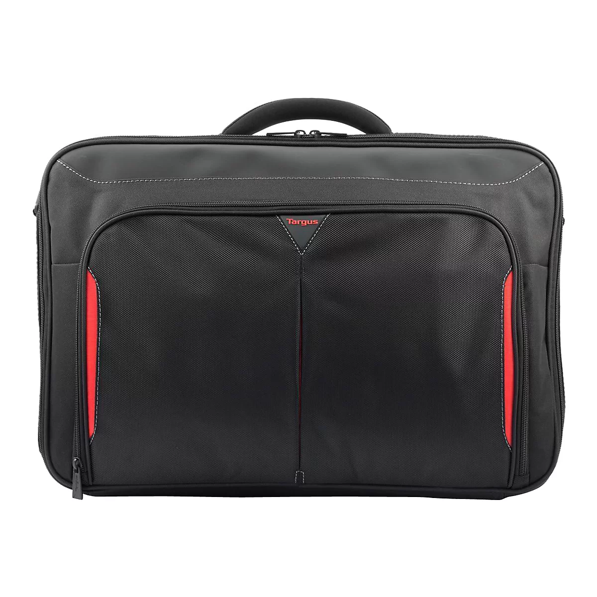 Schwarze Laptoptasche mit roten Akzenten, Griff und Targus Logo.