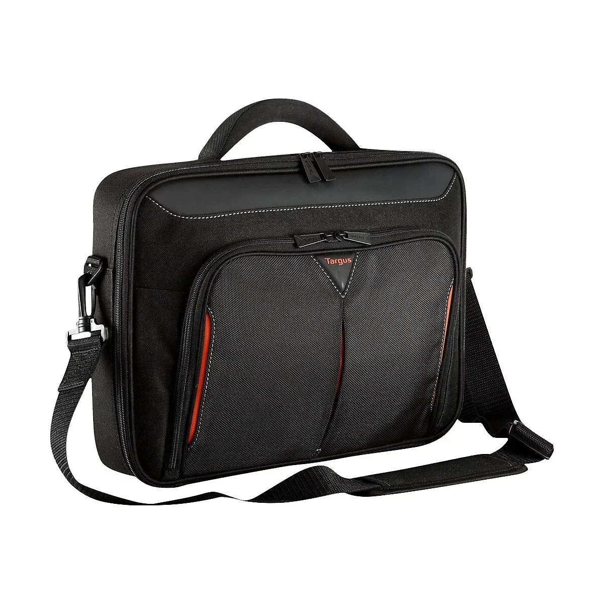 Schwarze Laptoptasche mit Tragegriff, Schultergurt und roter Ziernaht.