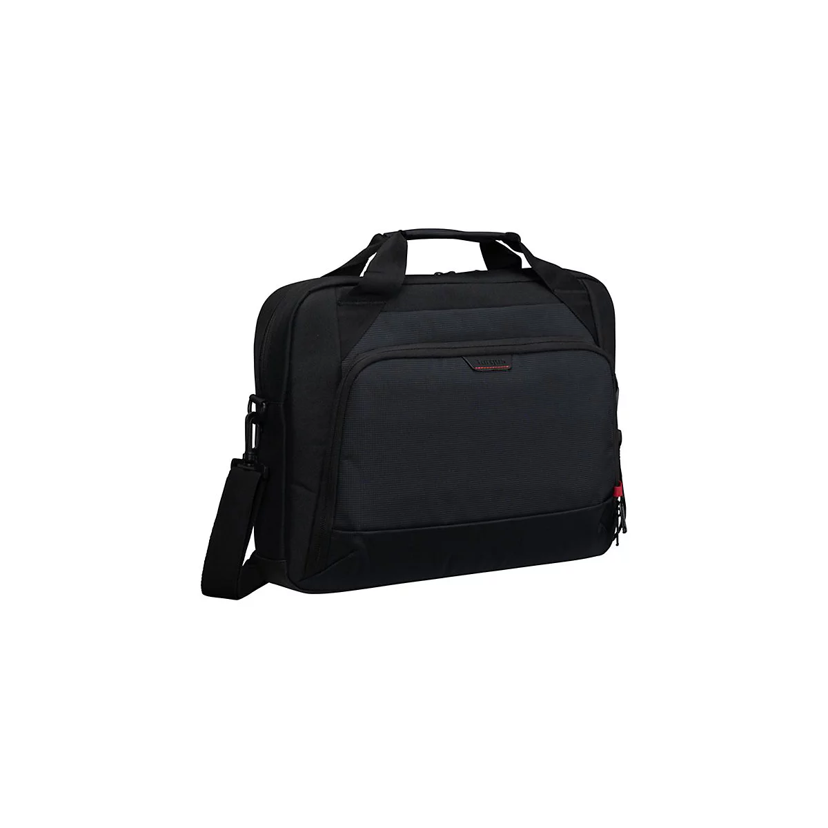 Schwarze Targus Laptoptasche mit Tragegriffen und Schultergurt vor weißem Hintergrund.