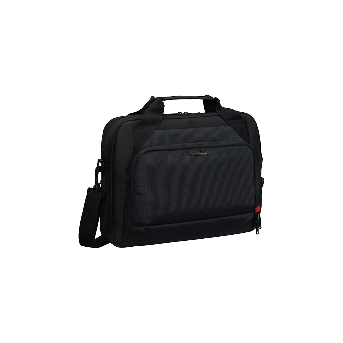 Schwarze Targus Laptoptasche mit Tragegriffen und Schultergurt vor weißem Hintergrund.