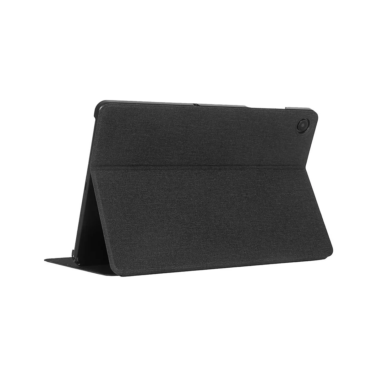 Schwarze Tablet-Hülle, leicht schräg stehend. Die Textur ist gewebt. Auf der Rückseite befindet sich eine Kamera.