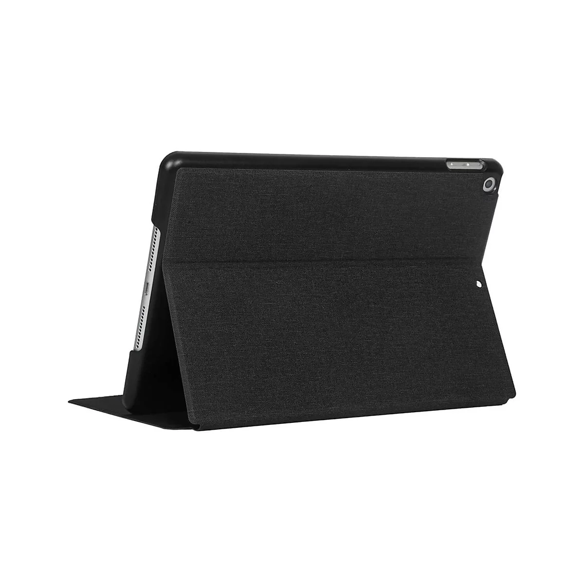 Schwarze Tablet-Hülle, leicht angewinkelt, mit Textur. Aufgeklappt.