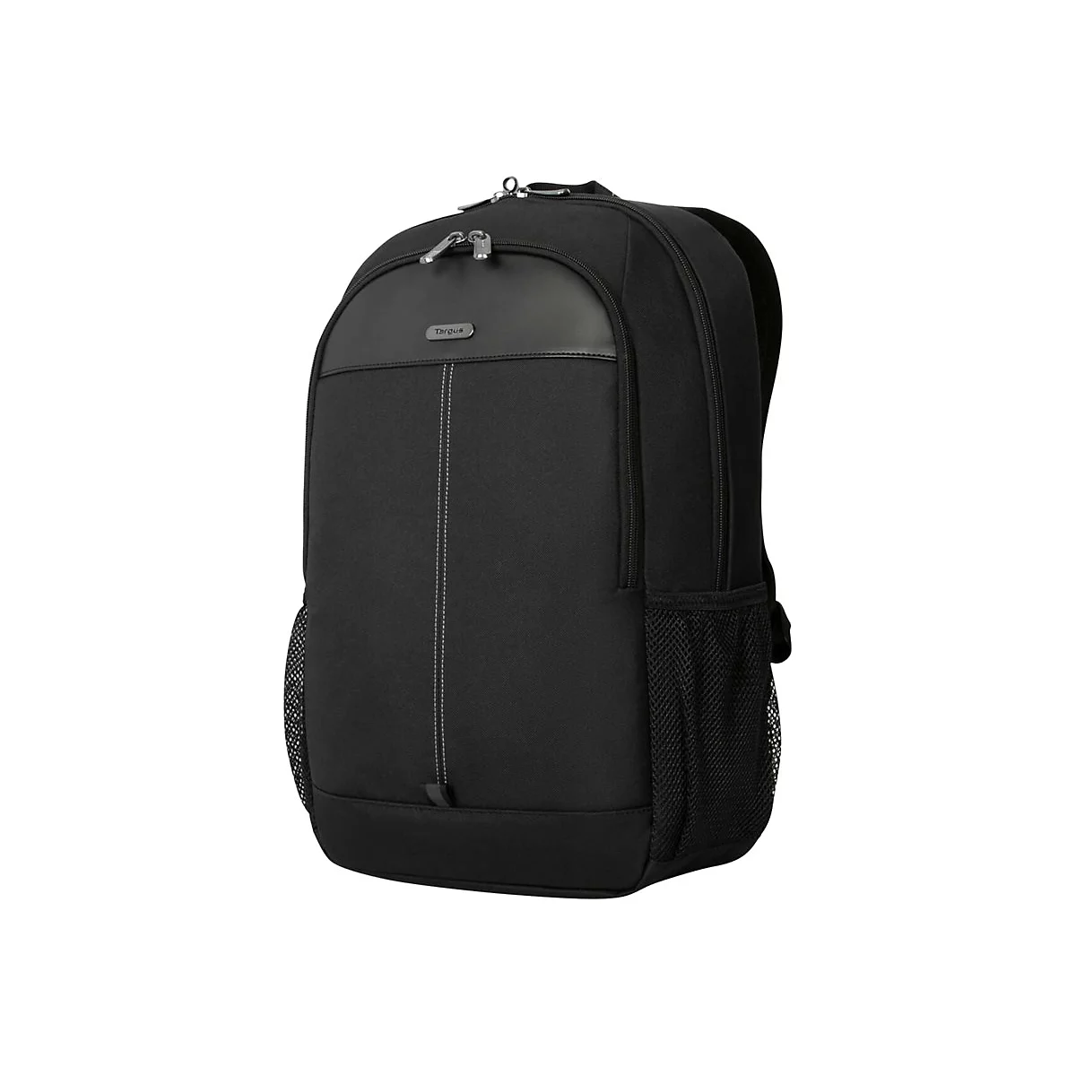 Schwarzer Rucksack mit dem Logo "Targus", Reißverschluss, Netz-Seitenfächer und helle Naht. Ideal für Laptops.