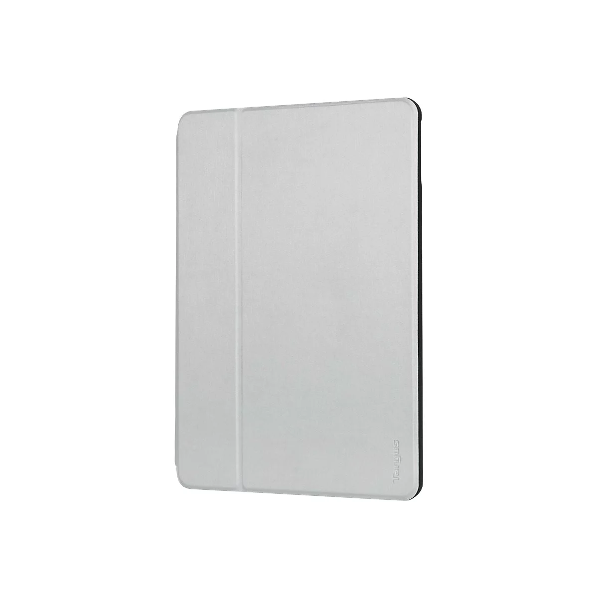 Hellgraue Tablet-Schutzhülle von Targus. Rechteckig, mit schwarzem Rand. Auf der rechten Seite steht klein „Targus“.