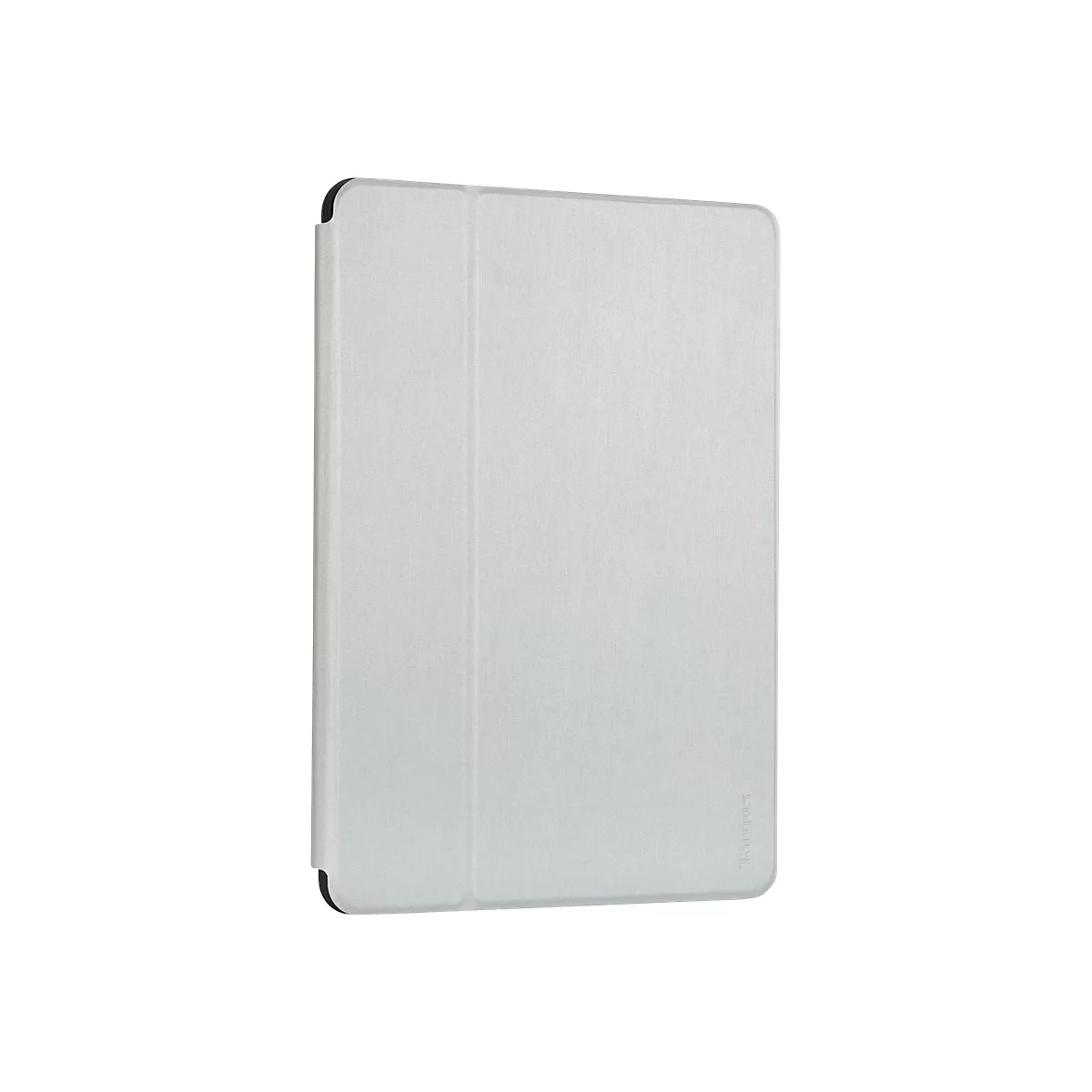 Hellgraue Tablet-Hülle, rechteckig, mit weicher Textur. Abgerundete Ecken, Marke an der unteren rechten Ecke.