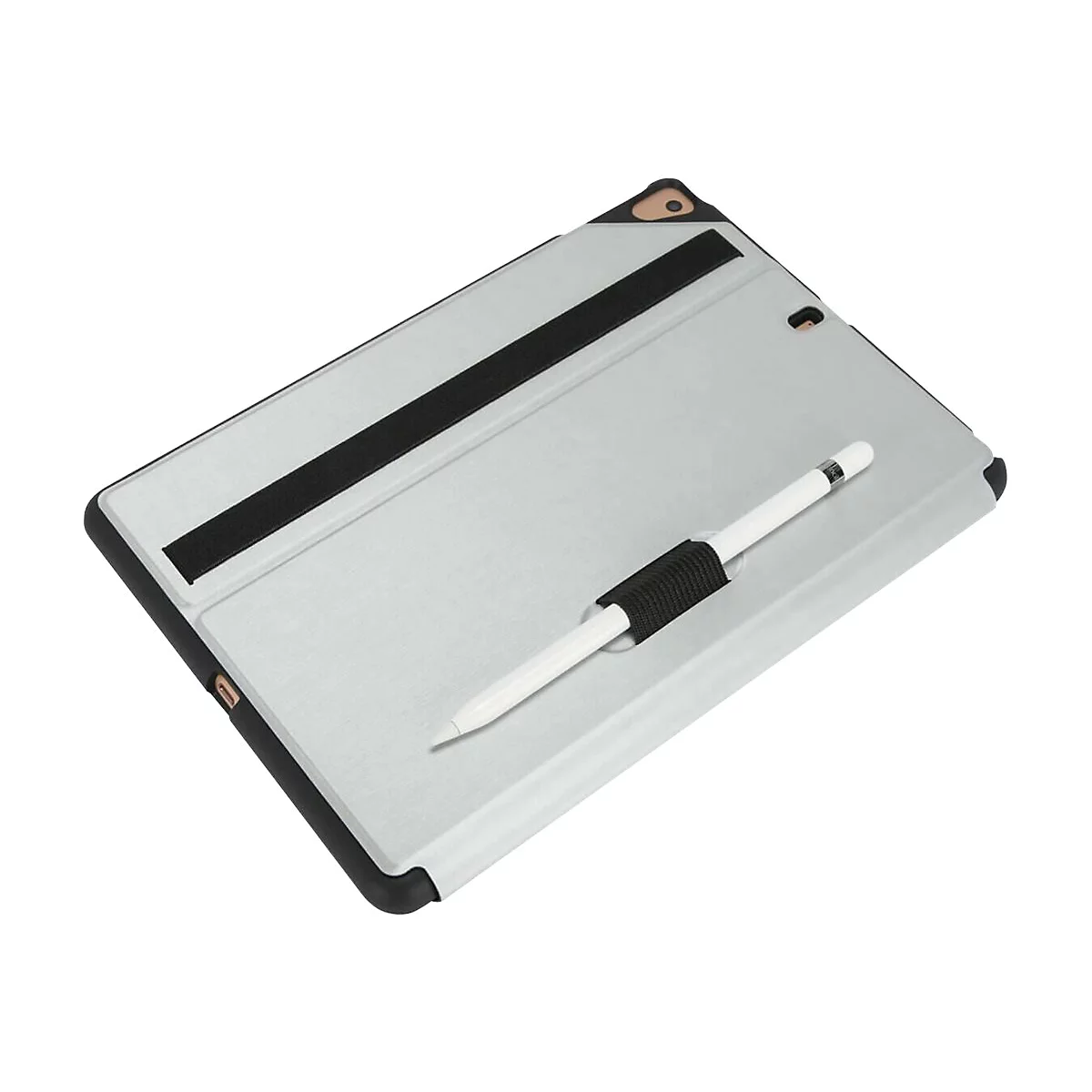 Silberne Tablet-Hülle mit schwarzem Rand. Ein weißer Stift wird von einem schwarzen Gummiband gehalten.