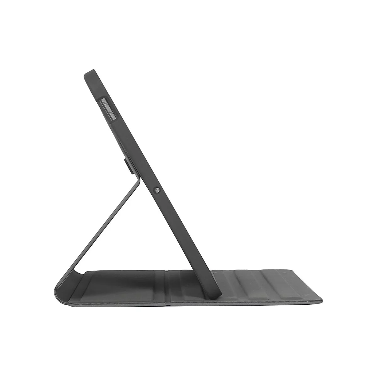 Dunkelgraue Tablet-Hülle, im Winkel stehend. Aufgeklappt mit Stütze.